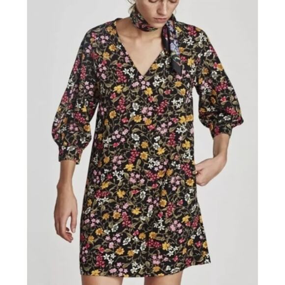 Zara Black Floral V Neck Shift Boho Dress M - Picture 2 of 6